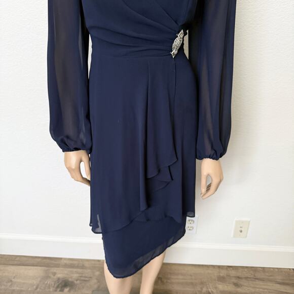 [Marina] Navy Blue Chiffon V-Neck Faux Wrap Brooch Balloon Sleeve Midi Dress 12 - Picture 7 of 11